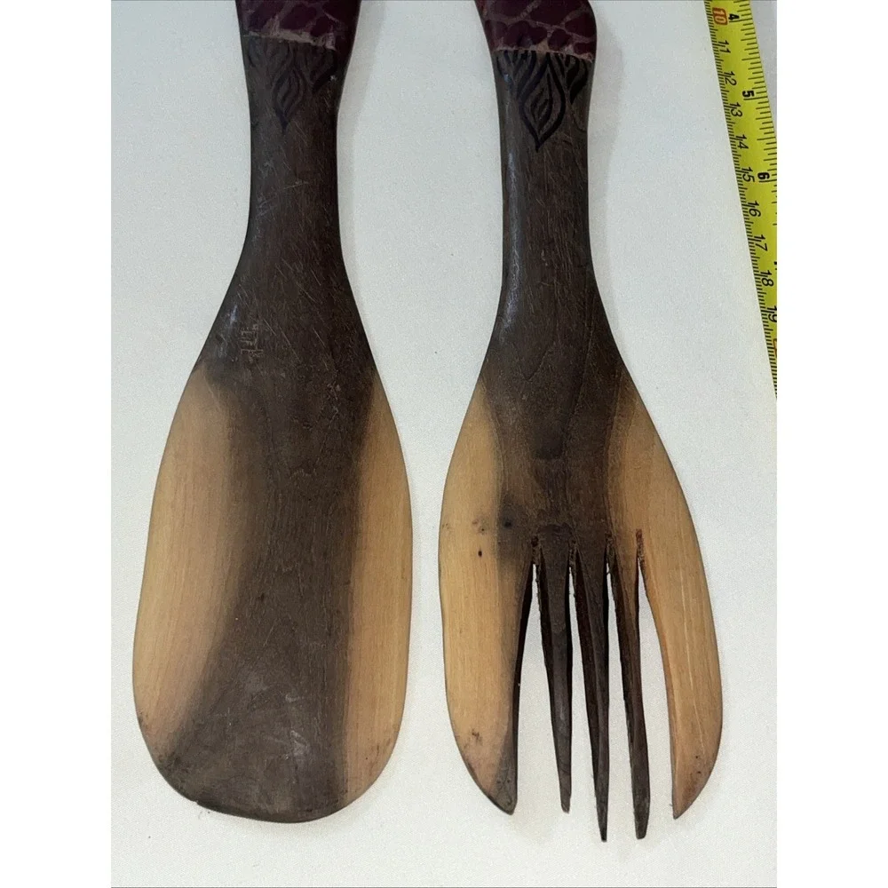 Vintage Wooden Handmade Giraffe Salad Tossing Fork & Spoon Works Great Clean Woo